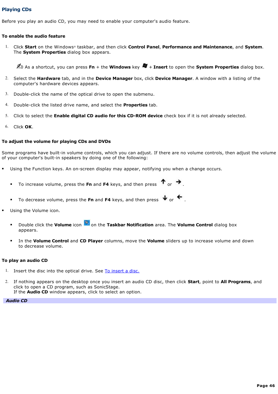 Playing cds | Sony PCG-Z1A User Manual | Page 46 / 164