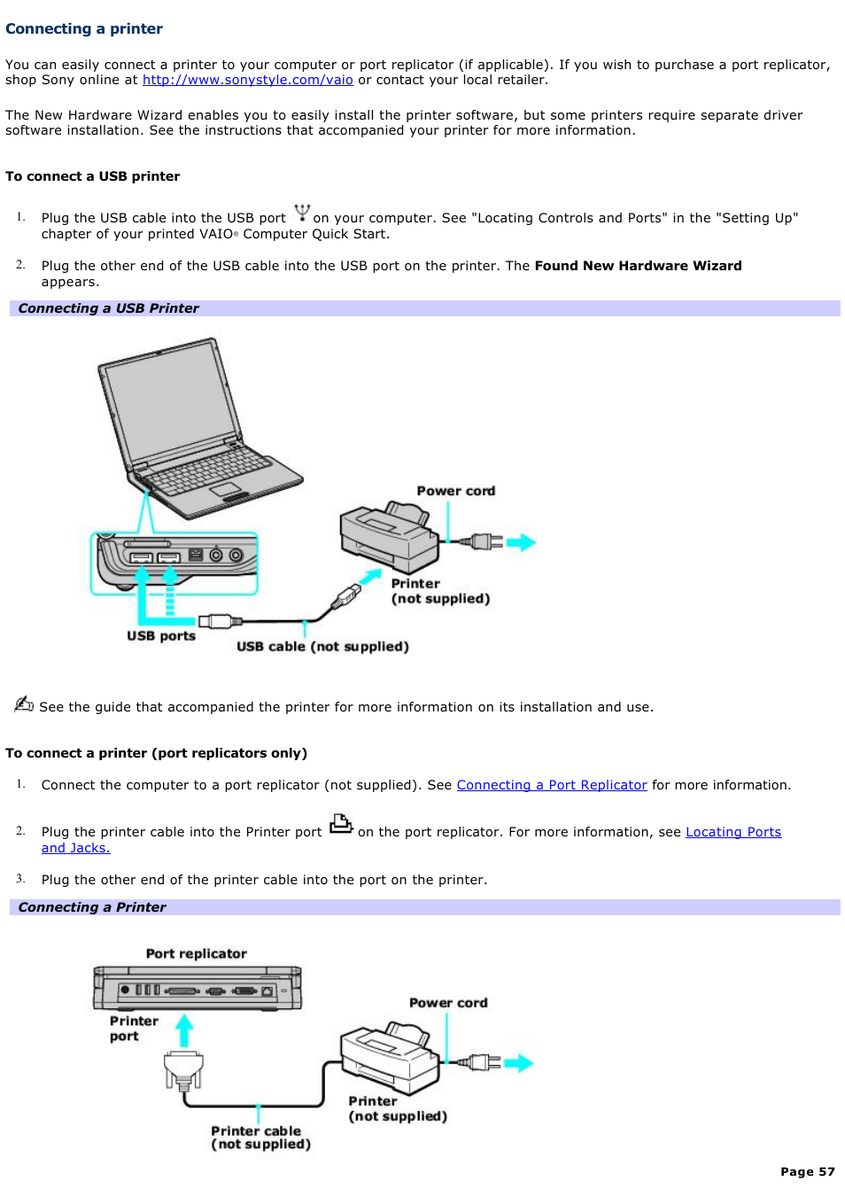 Connecting a printer | Sony PCG-Z1A User Manual | Page 57 / 164