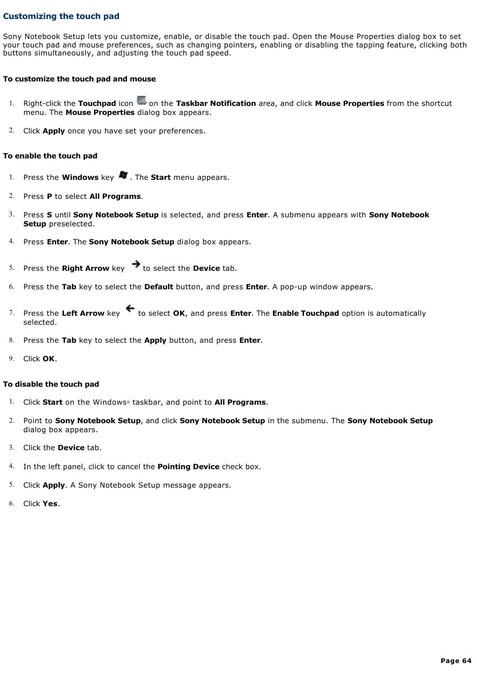 Customizing the touch pad | Sony PCG-Z1A User Manual | Page 64 / 164