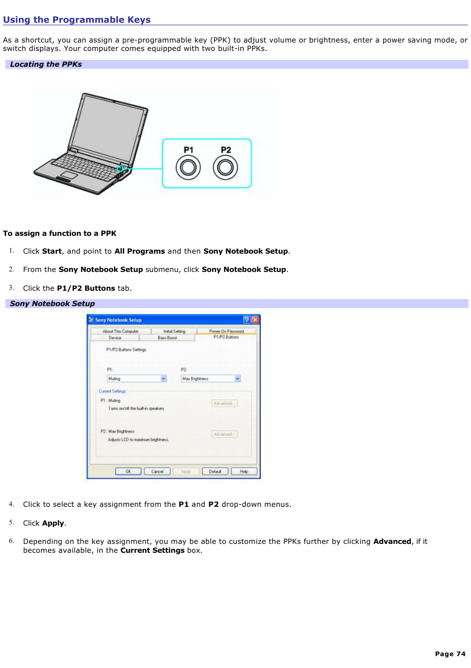 Using the programmable keys | Sony PCG-Z1A User Manual | Page 74 / 164