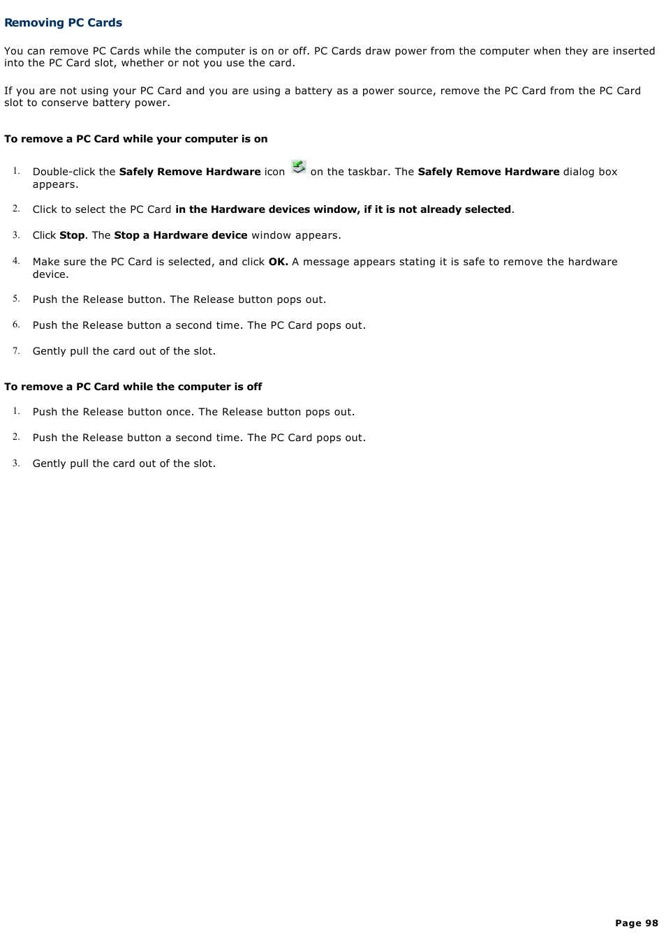 Removing pc cards | Sony PCG-Z1A User Manual | Page 98 / 164