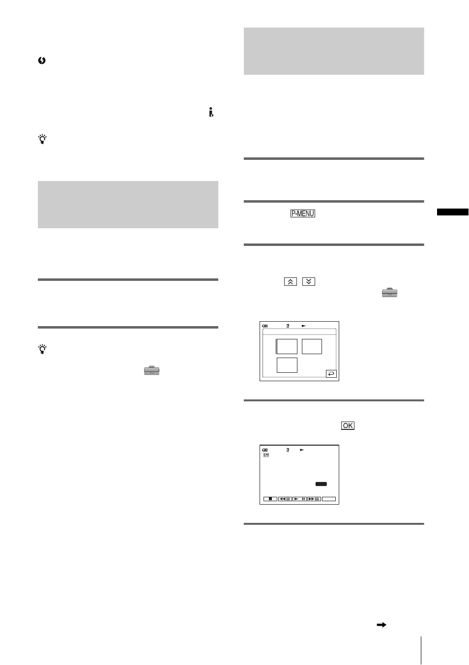 Displaying the screen indicators, P. 57), P. 57) will n | Ng (p. 57), Reen (p. 57), Pla yba ck, 57 to cancel the operation | Sony DCR-HC30 User Manual | Page 57 / 148