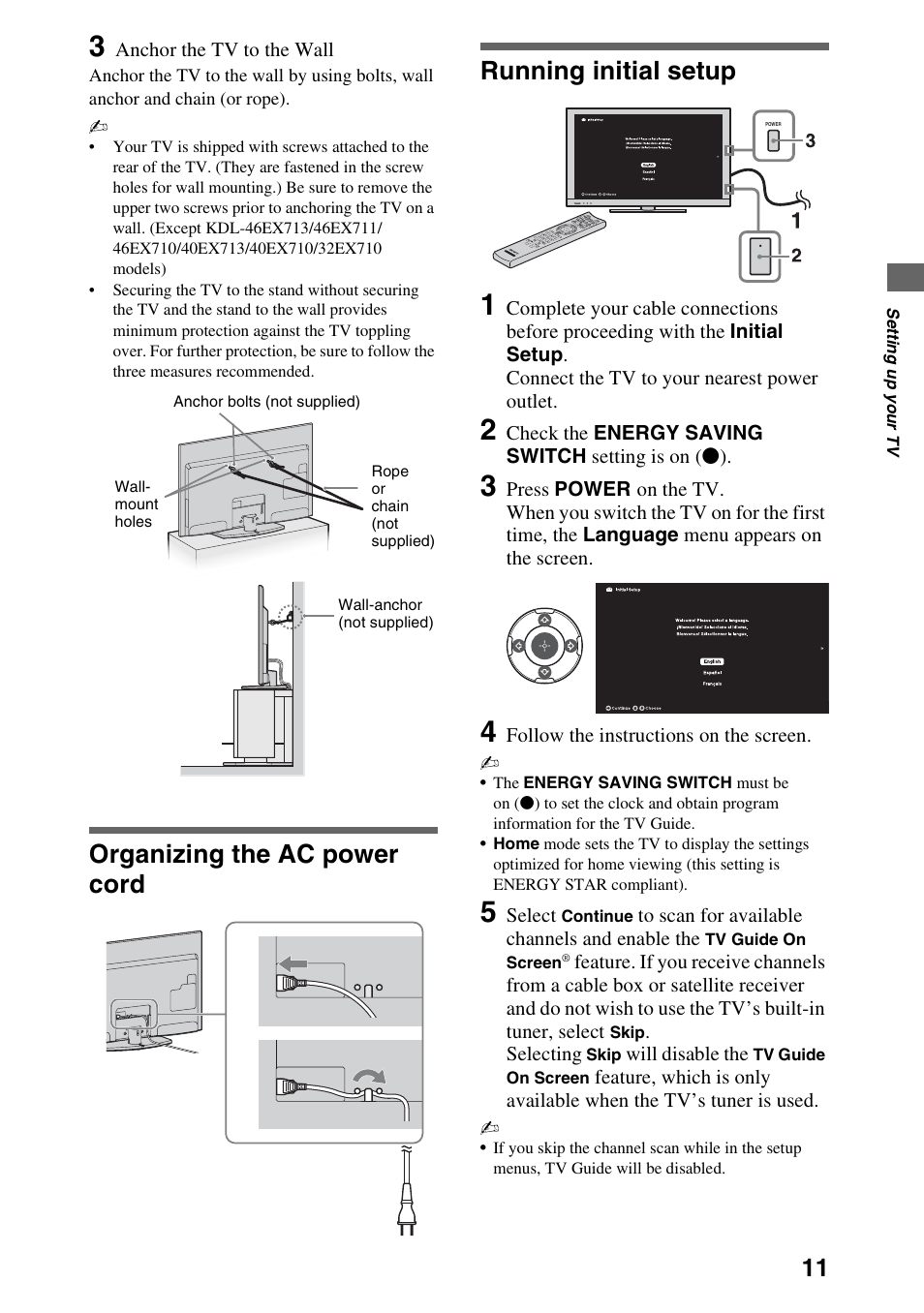 Organizing the ac power cord, Running initial setup, Organizing the ac power cord running initial setup | Sony KDL-52EX701 User Manual | Page 11 / 24