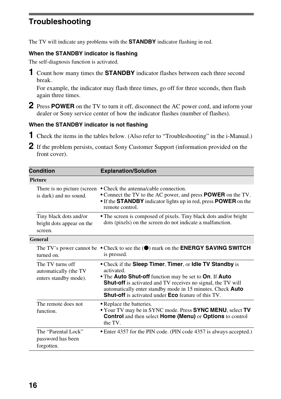 Additional information, Troubleshooting | Sony KDL-52EX701 User Manual | Page 16 / 24