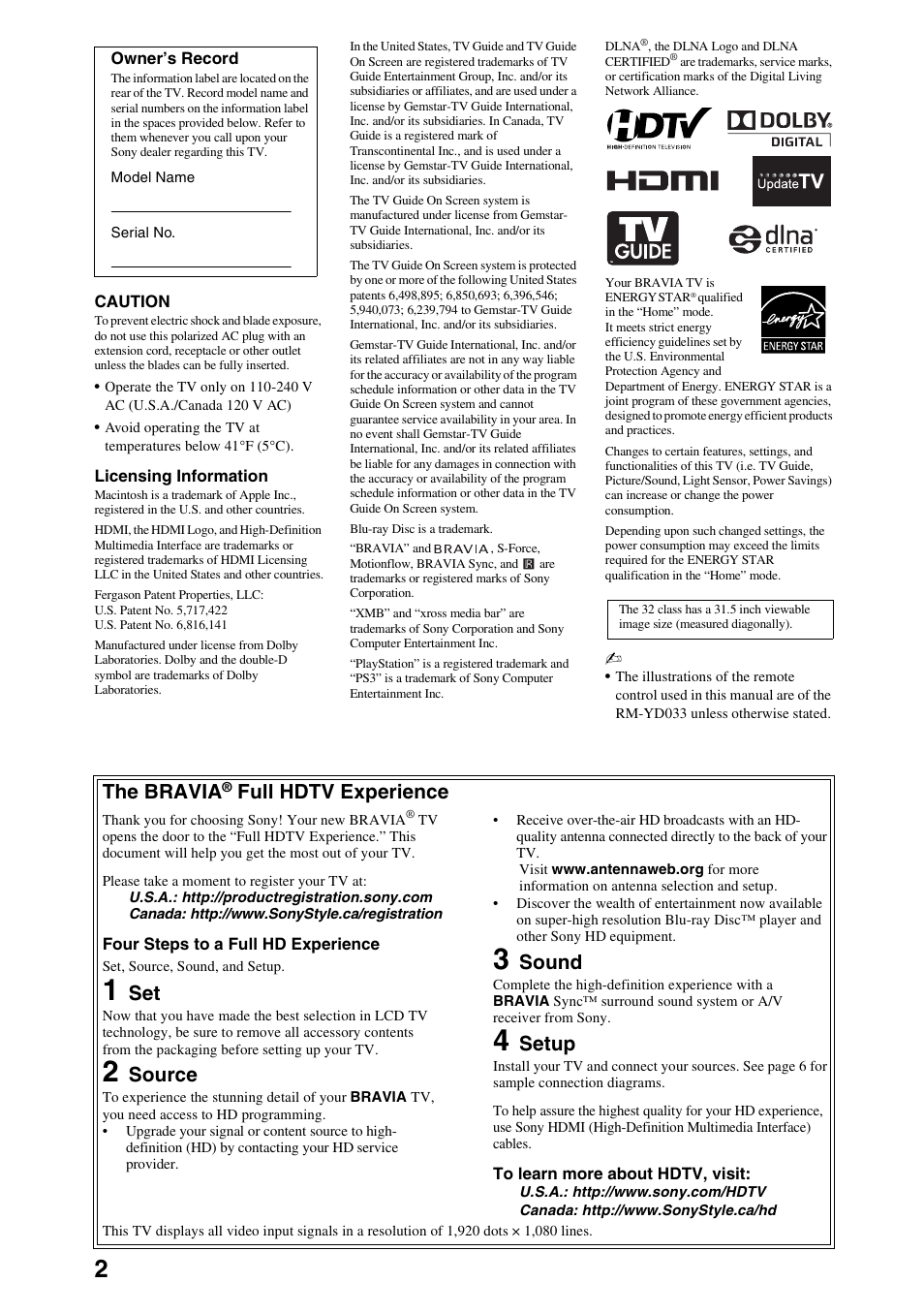 The bravia, Full hdtv experience, Source | Sound, Setup | Sony KDL-52EX701 User Manual | Page 2 / 24