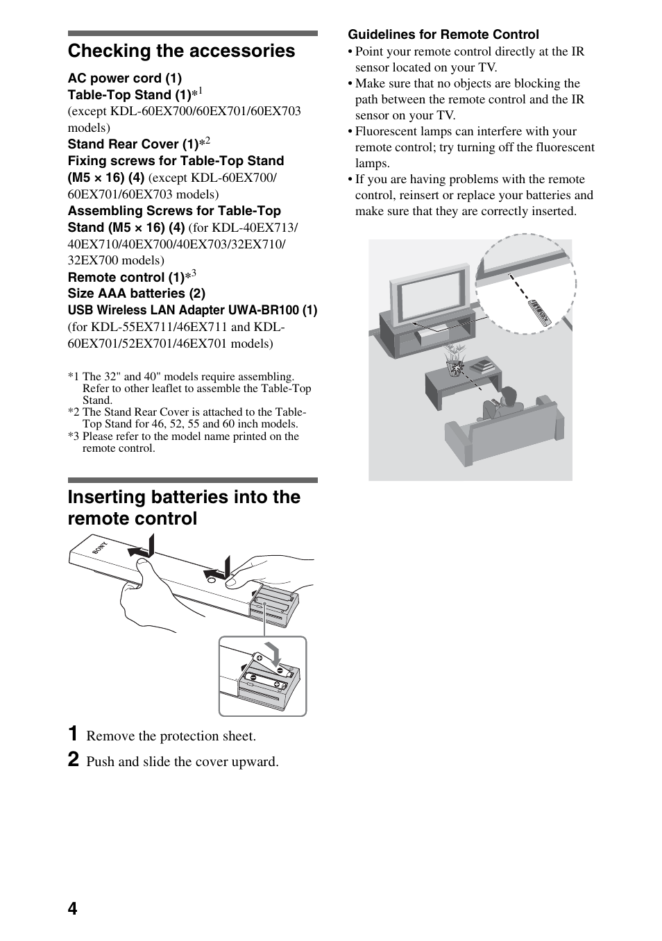 Checking the accessories, Inserting batteries into the remote control | Sony KDL-52EX701 User Manual | Page 4 / 24