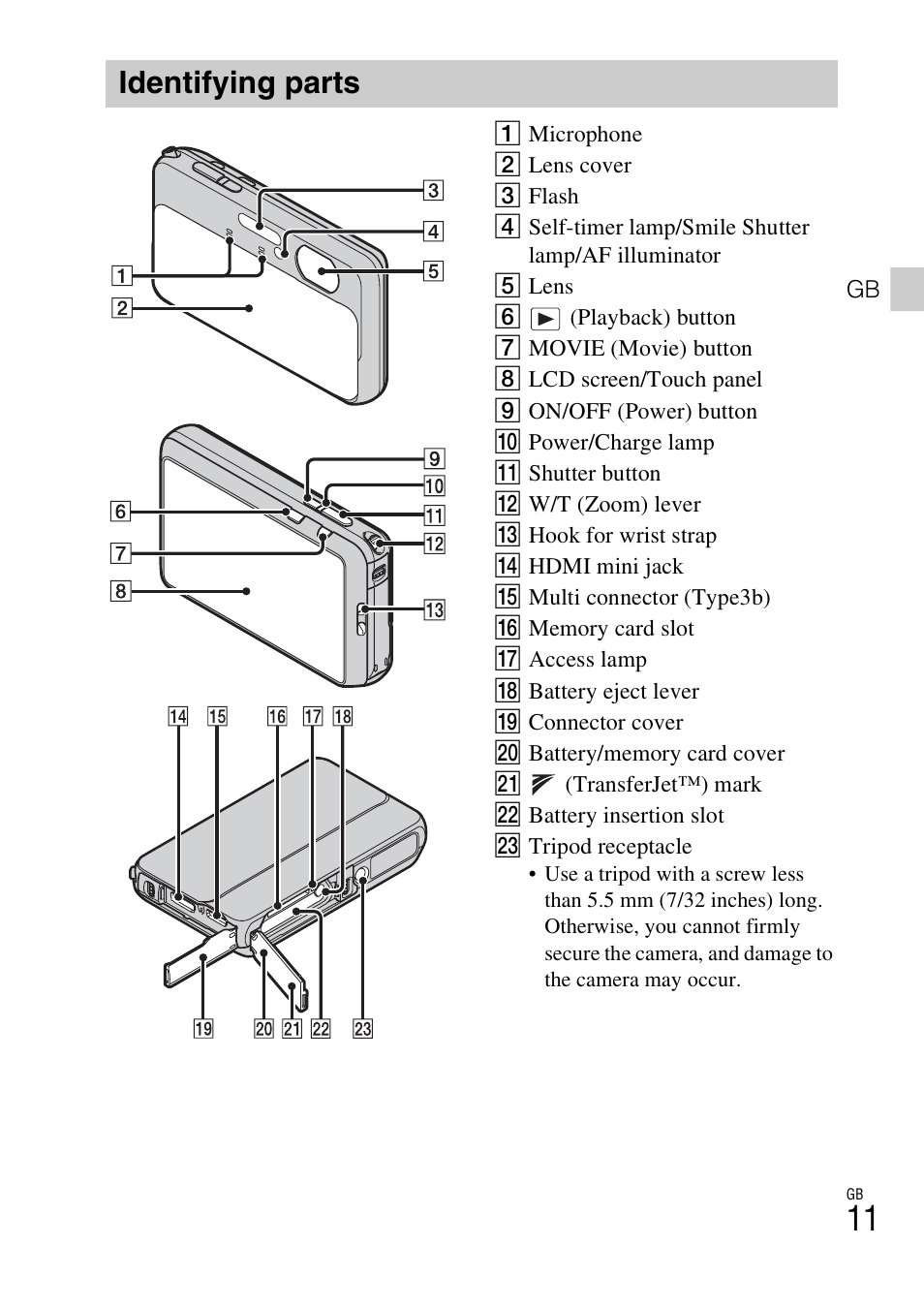 Identifying parts | Sony DSC-TX20 User Manual | Page 11 / 68