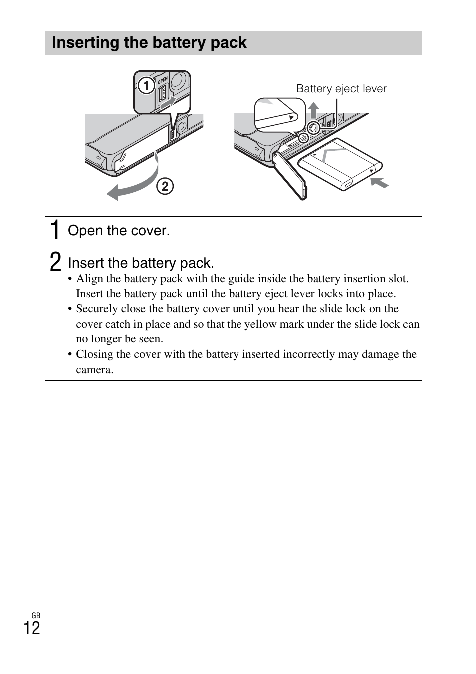 Inserting the battery pack | Sony DSC-TX20 User Manual | Page 12 / 68