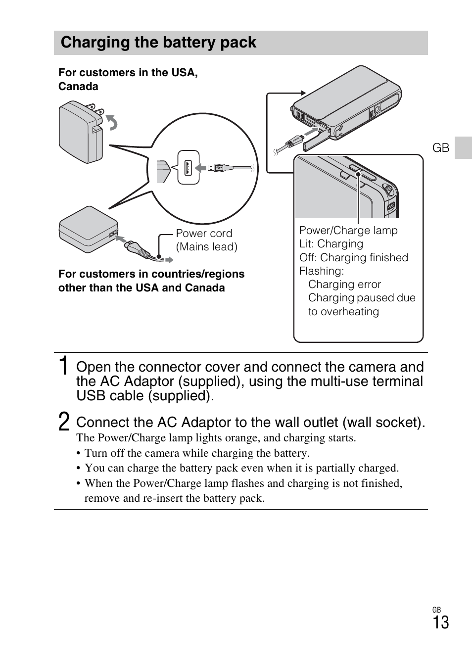 Charging the battery pack | Sony DSC-TX20 User Manual | Page 13 / 68