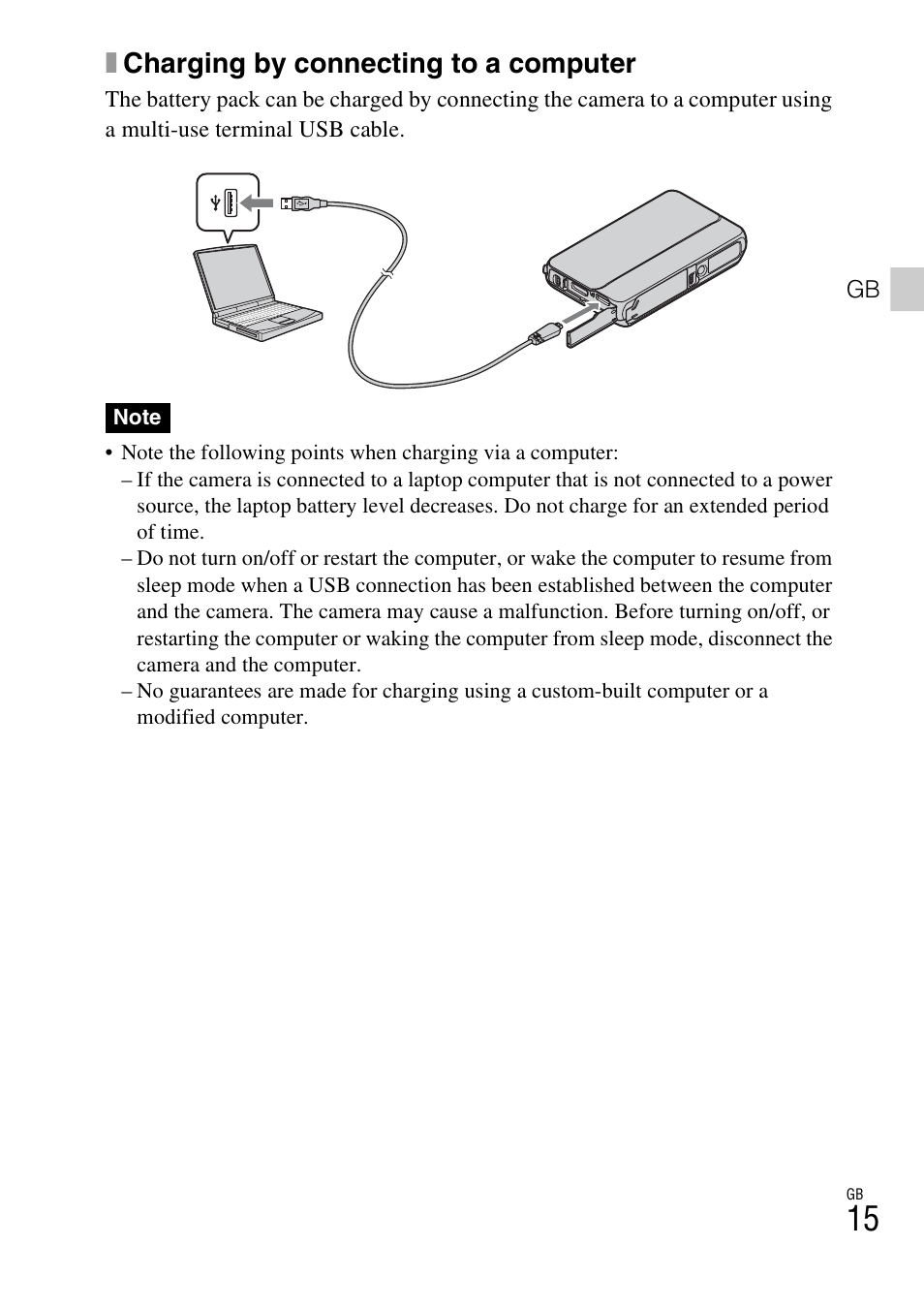 Xcharging by connecting to a computer | Sony DSC-TX20 User Manual | Page 15 / 68