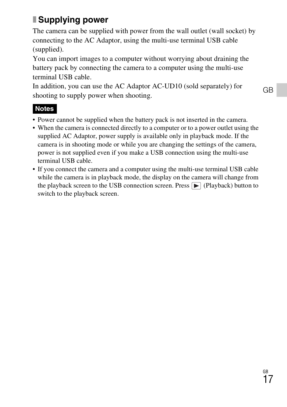 Xsupplying power | Sony DSC-TX20 User Manual | Page 17 / 68
