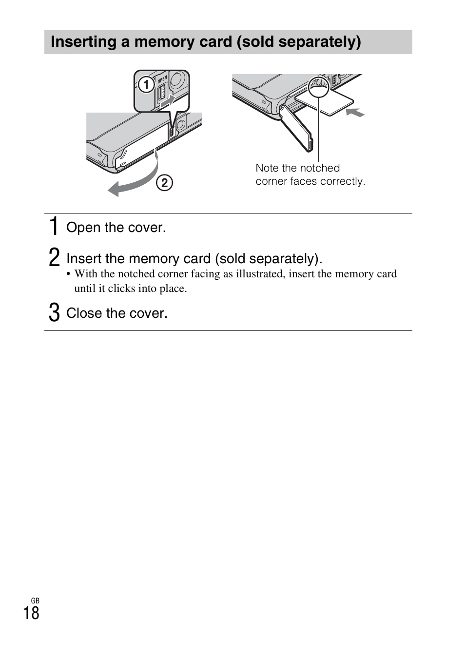 Inserting a memory card (sold separately) | Sony DSC-TX20 User Manual | Page 18 / 68