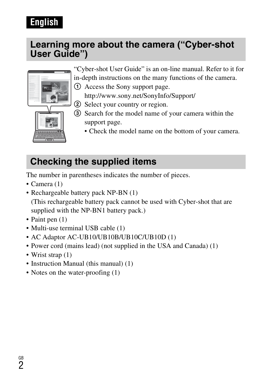 English, Checking the supplied items | Sony DSC-TX20 User Manual | Page 2 / 68