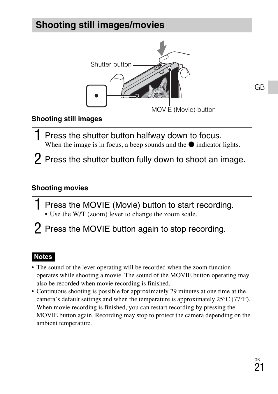 Shooting still images/movies | Sony DSC-TX20 User Manual | Page 21 / 68