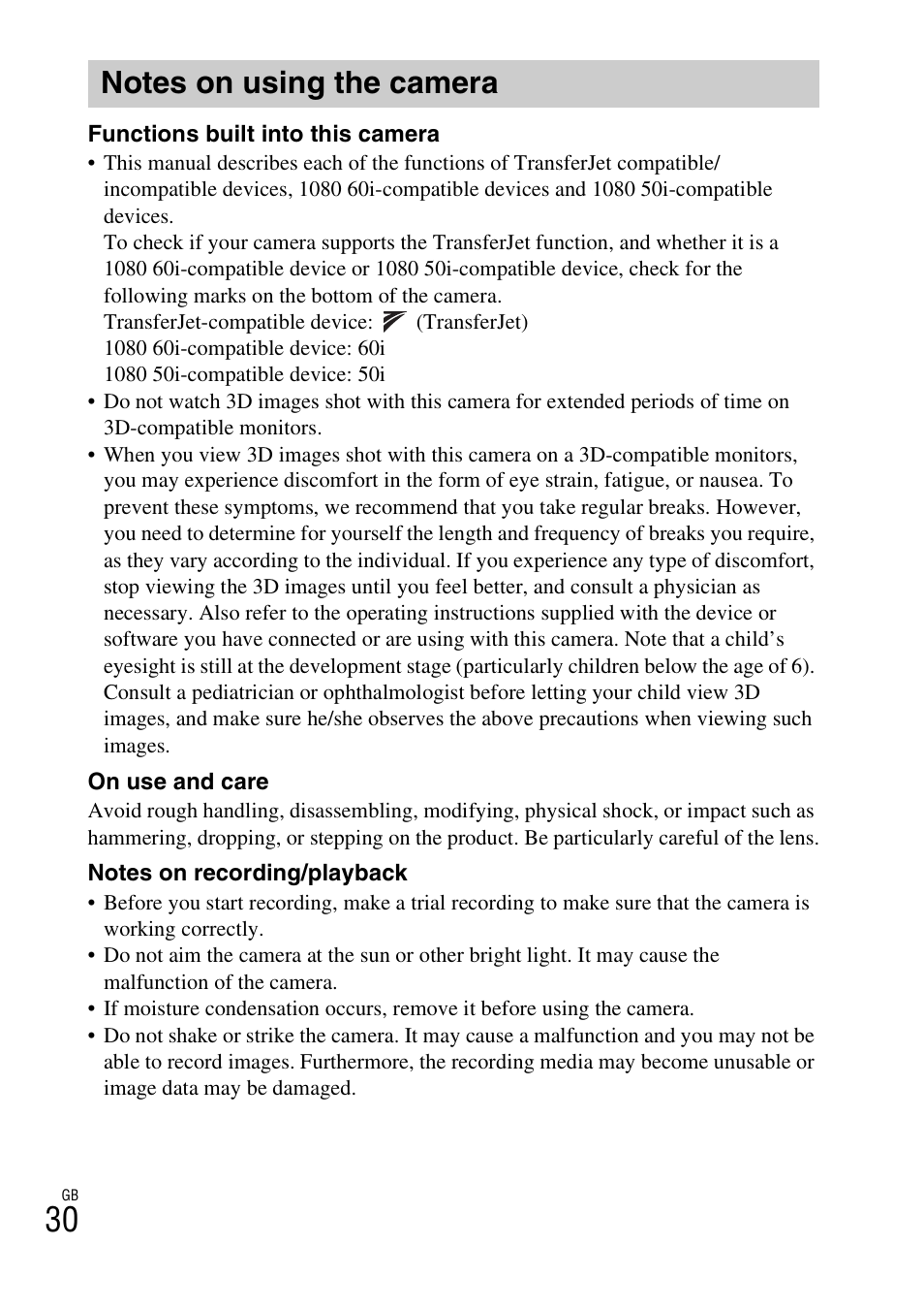 Notes on using the camera | Sony DSC-TX20 User Manual | Page 30 / 68
