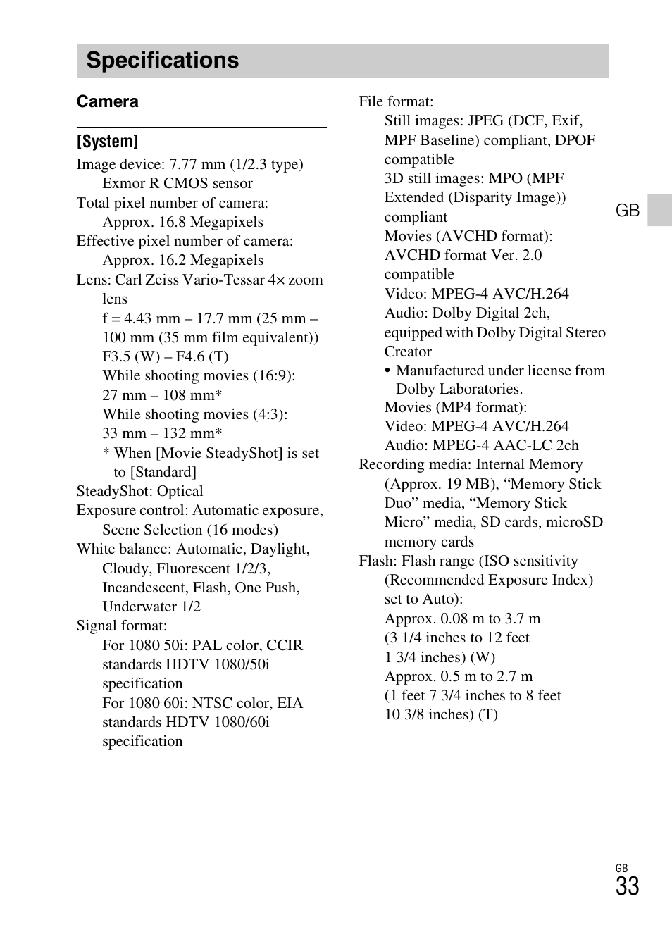 Specifications | Sony DSC-TX20 User Manual | Page 33 / 68