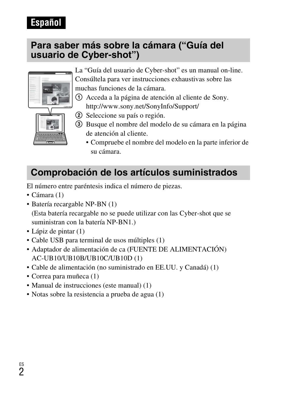 Español, Comprobación de los artículos suministrados | Sony DSC-TX20 User Manual | Page 36 / 68
