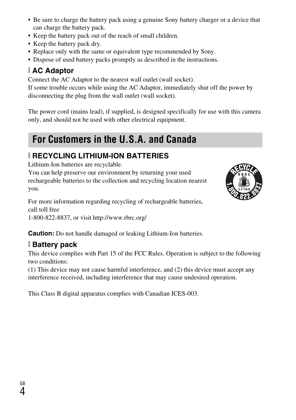 For customers in the u.s.a. and canada | Sony DSC-TX20 User Manual | Page 4 / 68