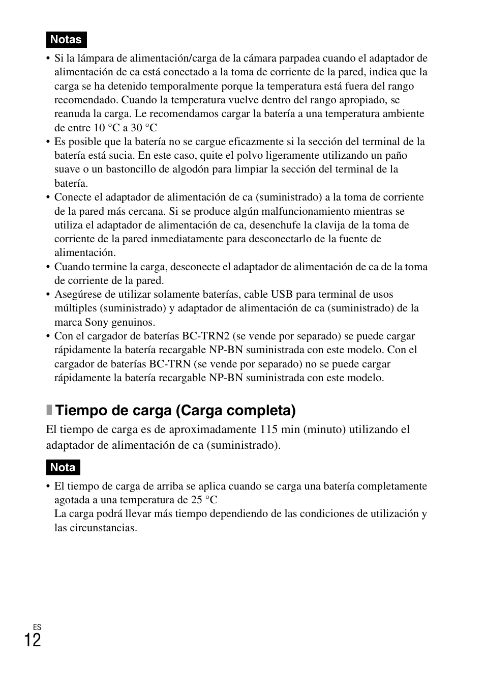 Xtiempo de carga (carga completa) | Sony DSC-TX20 User Manual | Page 46 / 68