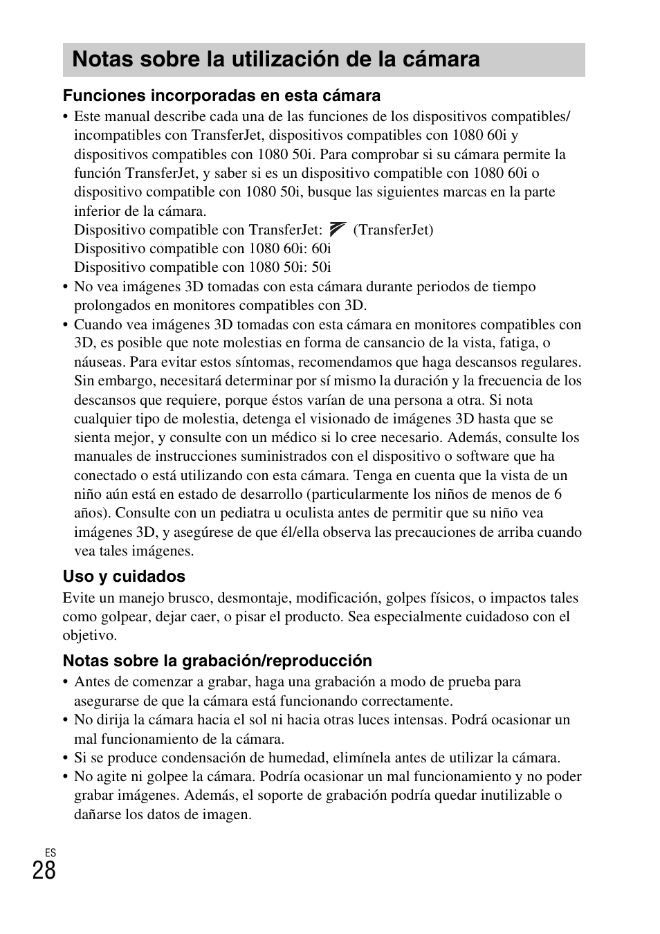 Notas sobre la utilización de la cámara | Sony DSC-TX20 User Manual | Page 62 / 68
