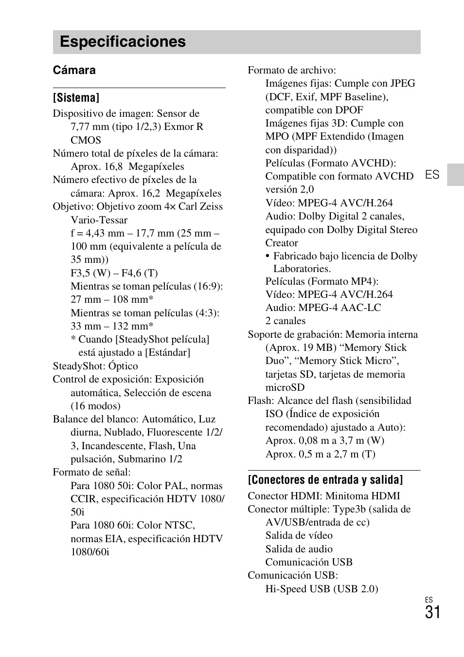 Especificaciones | Sony DSC-TX20 User Manual | Page 65 / 68