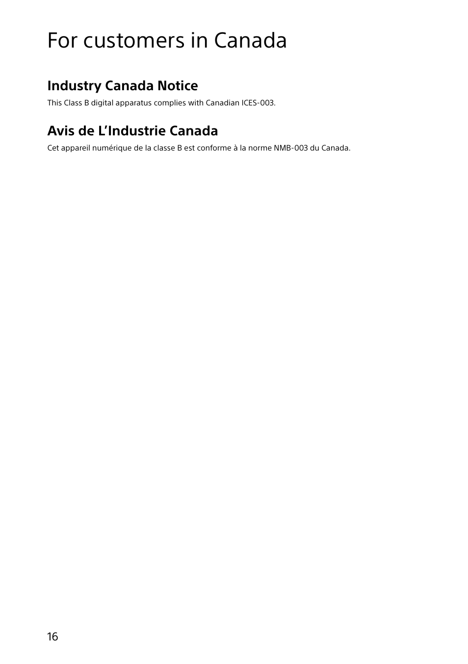 For customers in canada, Industry canada notice, Avis de l’industrie canada | Sony SVT13127CXS User Manual | Page 16 / 32