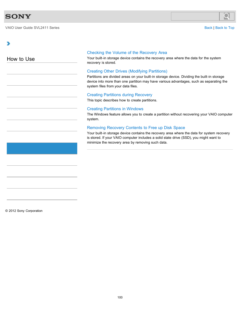 Built-in storage device, How to use | Sony SVL241190X User Manual | Page 100 / 522