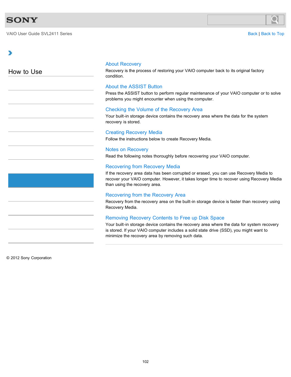 Recovery, How to use | Sony SVL241190X User Manual | Page 102 / 522