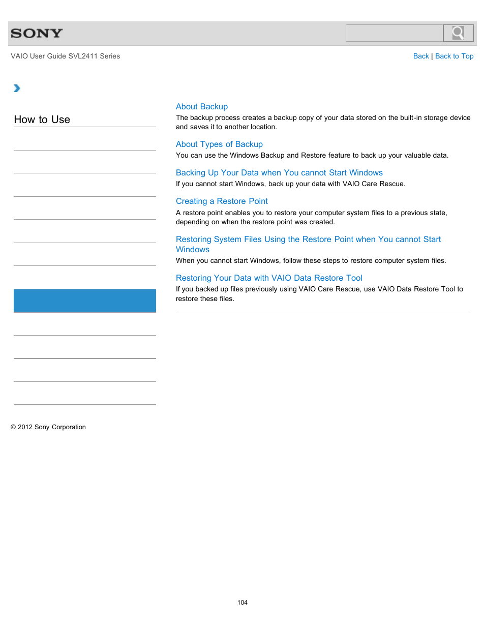 Backup, How to use | Sony SVL241190X User Manual | Page 104 / 522