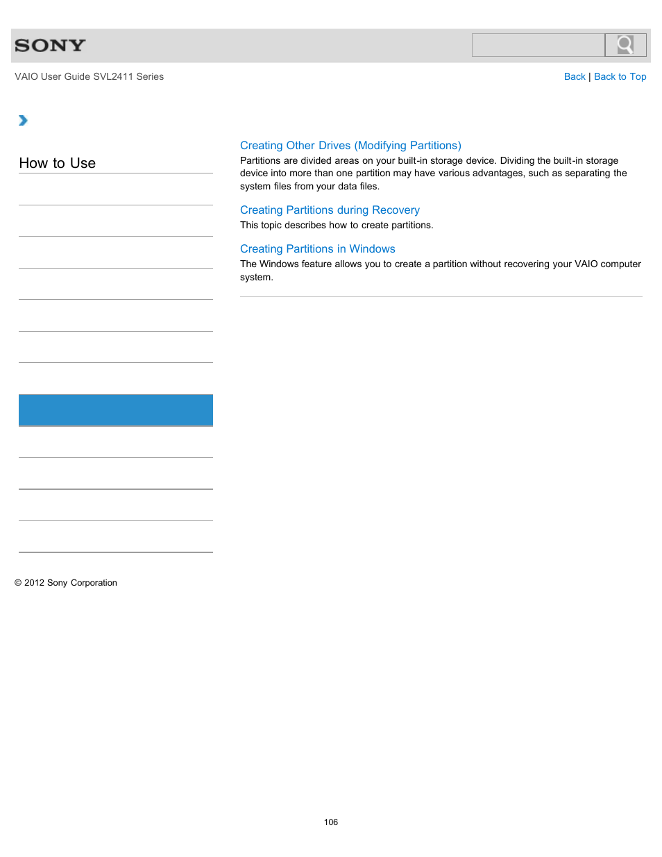 Partition, How to use | Sony SVL241190X User Manual | Page 106 / 522