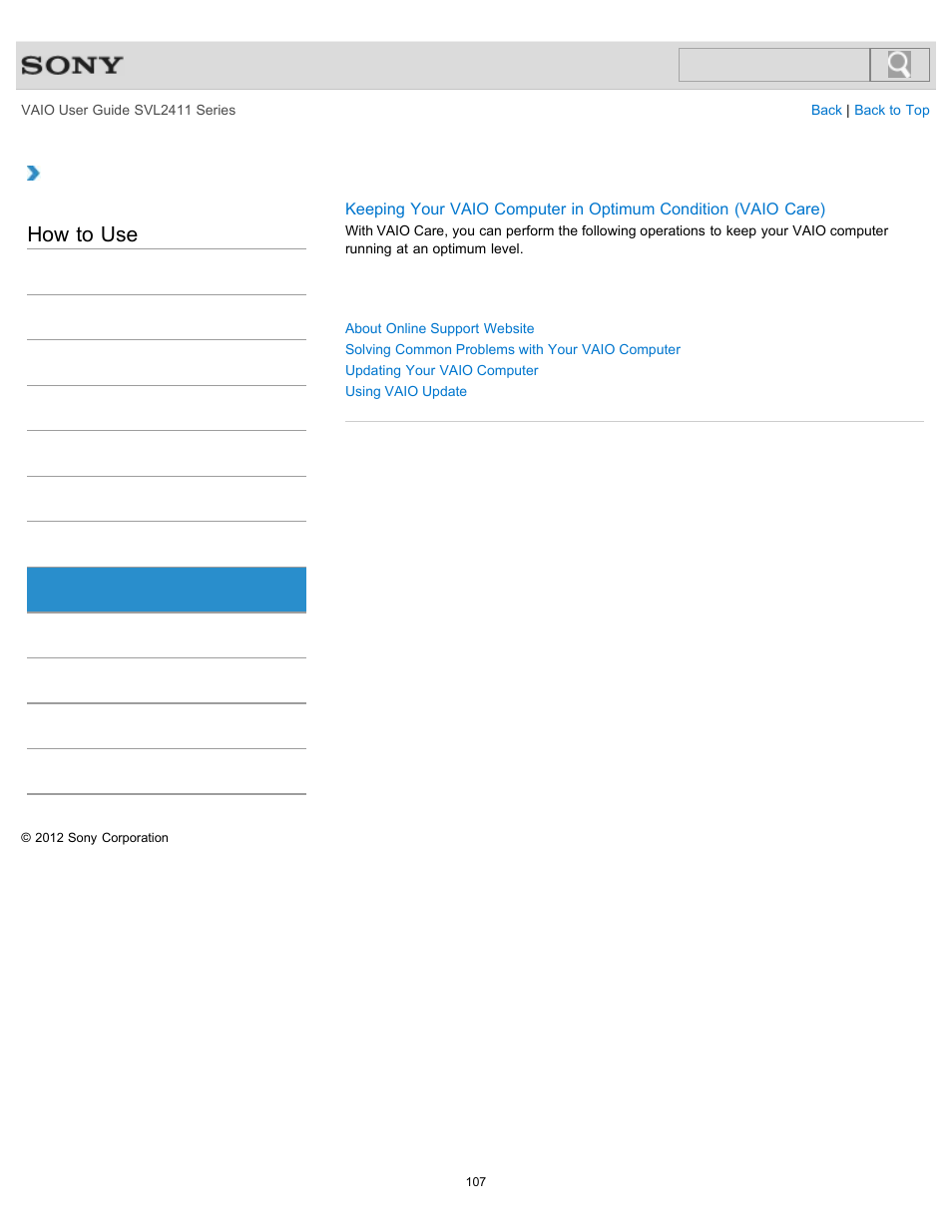 Service and support, How to use | Sony SVL241190X User Manual | Page 107 / 522