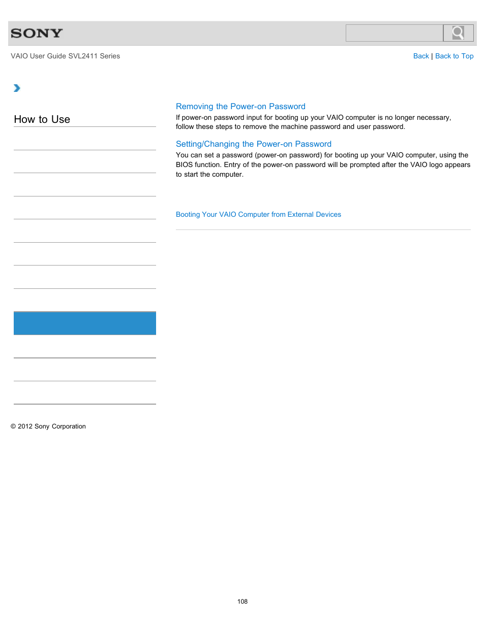 Bios, How to use | Sony SVL241190X User Manual | Page 108 / 522