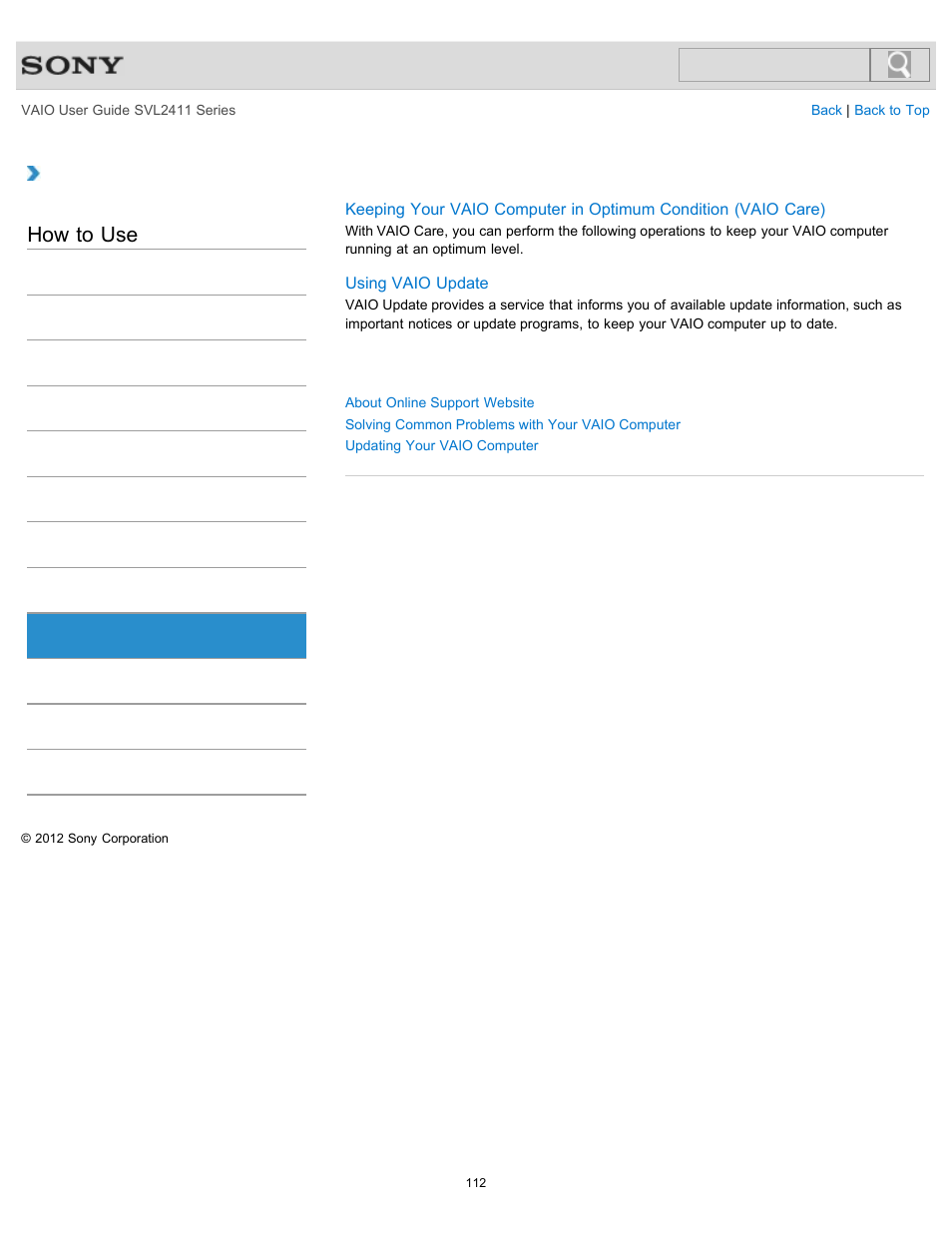 Service and support, How to use | Sony SVL241190X User Manual | Page 112 / 522