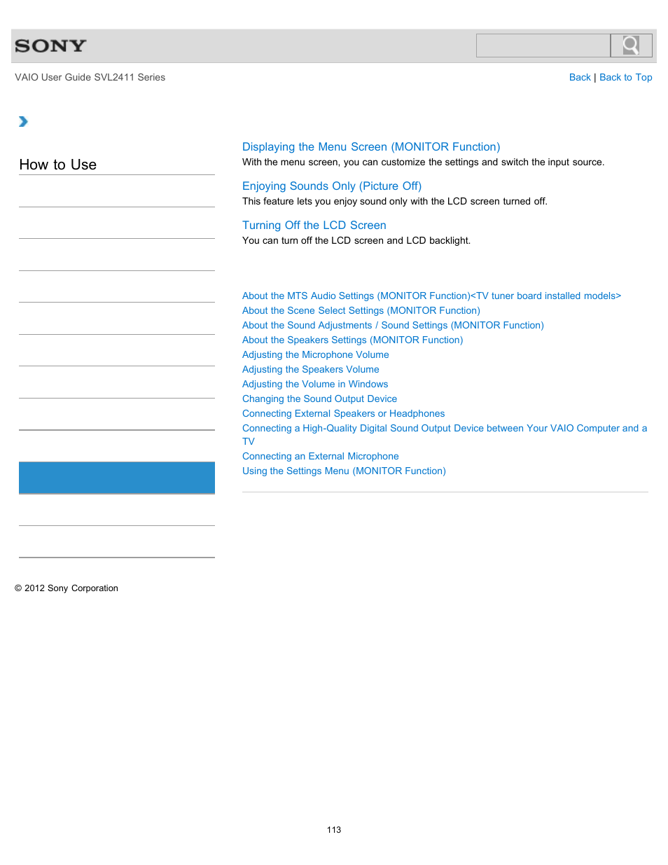 Audio, How to use | Sony SVL241190X User Manual | Page 113 / 522