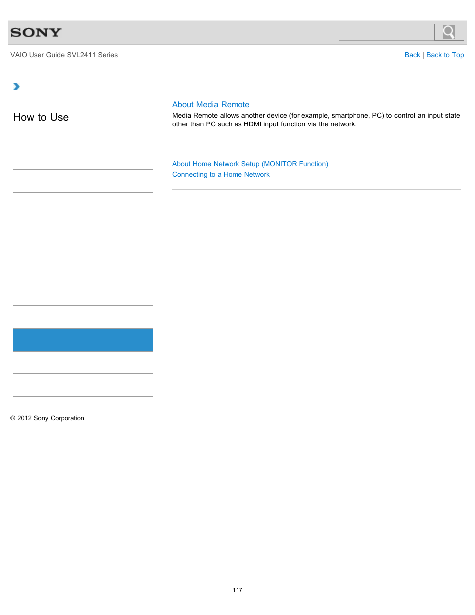 Home network, How to use | Sony SVL241190X User Manual | Page 117 / 522