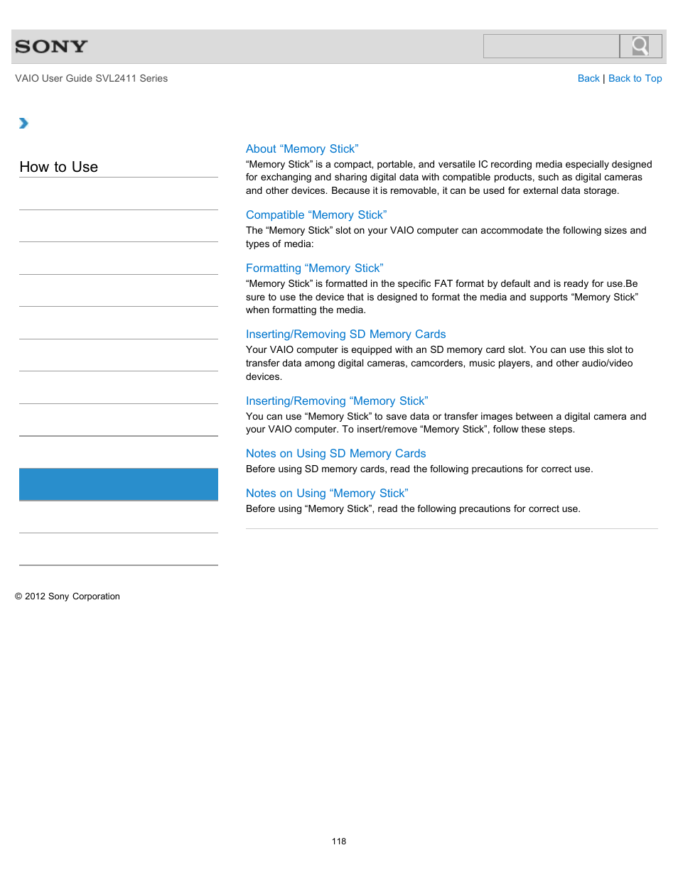 Memory card, How to use | Sony SVL241190X User Manual | Page 118 / 522