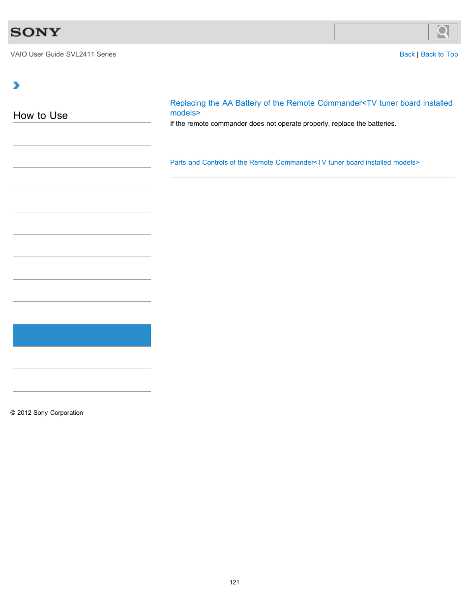 Remote commander, How to use | Sony SVL241190X User Manual | Page 121 / 522