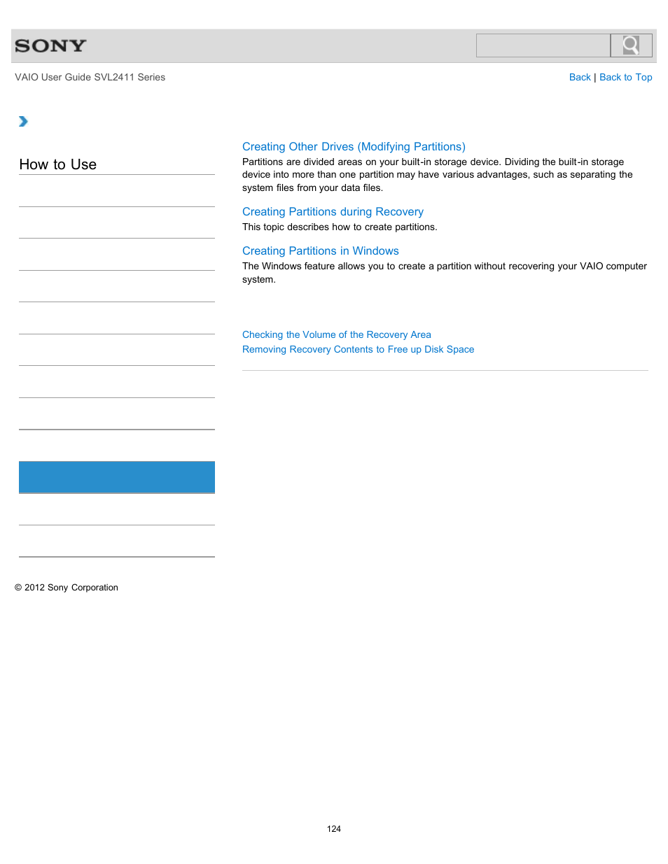 Built-in storage device, How to use | Sony SVL241190X User Manual | Page 124 / 522