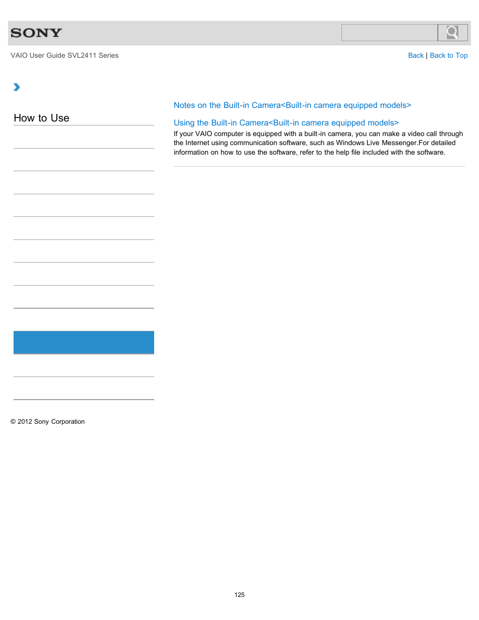 Camera, How to use | Sony SVL241190X User Manual | Page 125 / 522