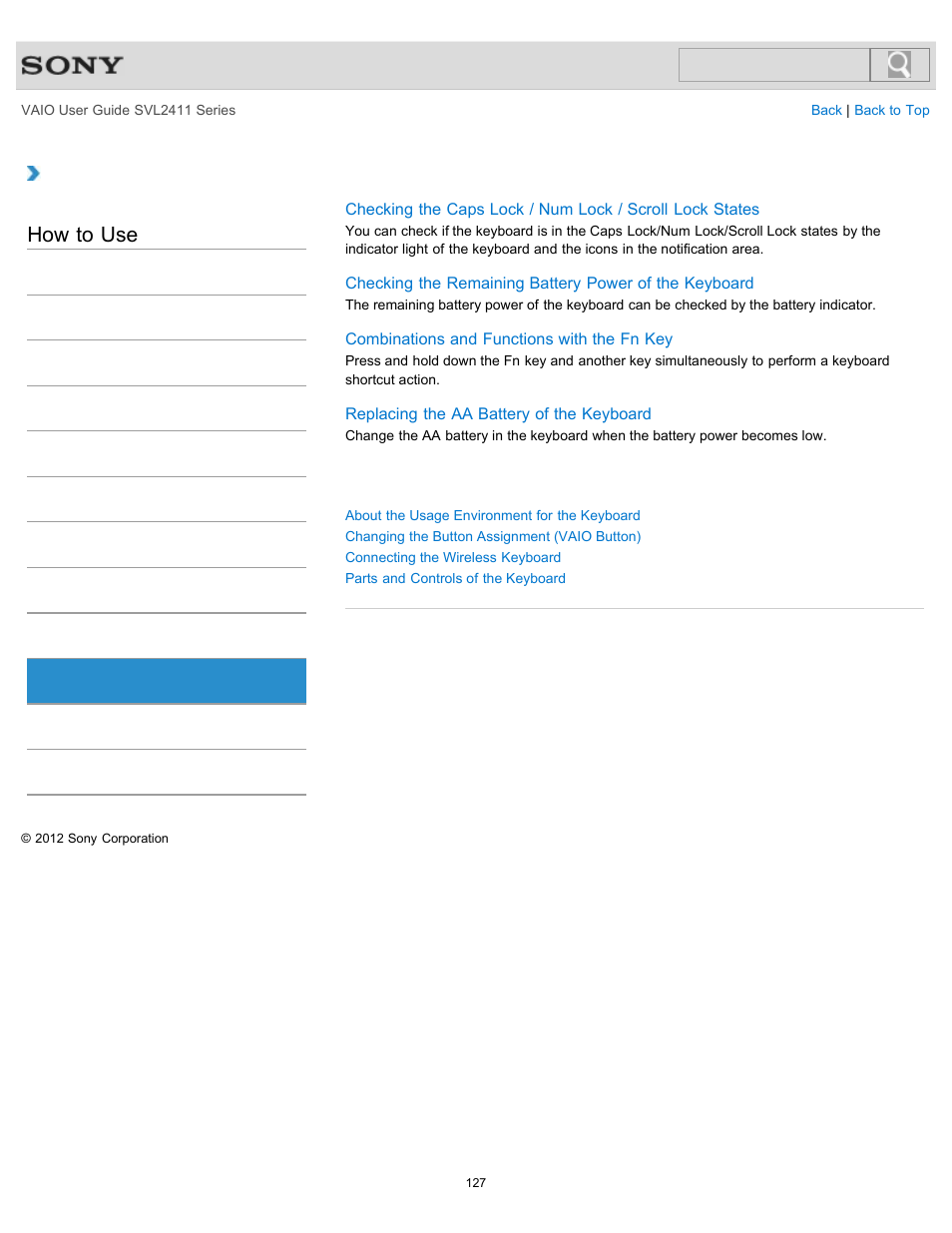 Keyboard, How to use | Sony SVL241190X User Manual | Page 127 / 522