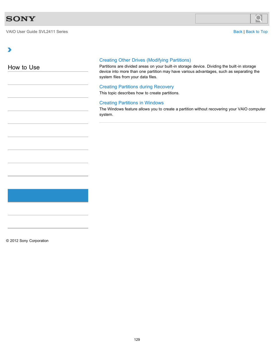 Partition, How to use | Sony SVL241190X User Manual | Page 129 / 522