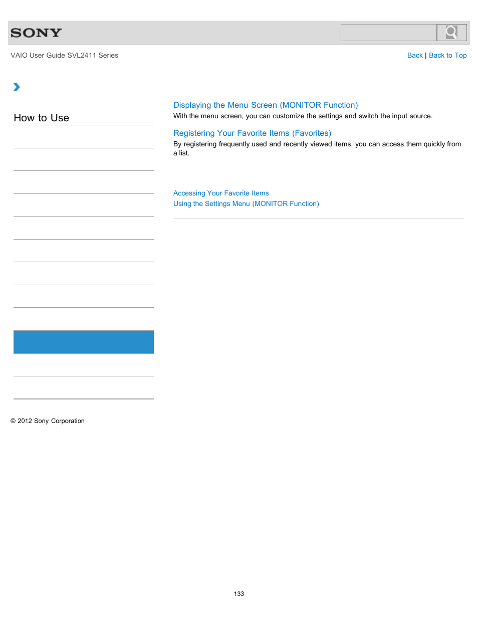 Video input, How to use | Sony SVL241190X User Manual | Page 133 / 522