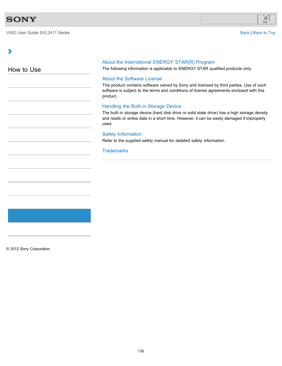 Important notice, How to use | Sony SVL241190X User Manual | Page 135 / 522