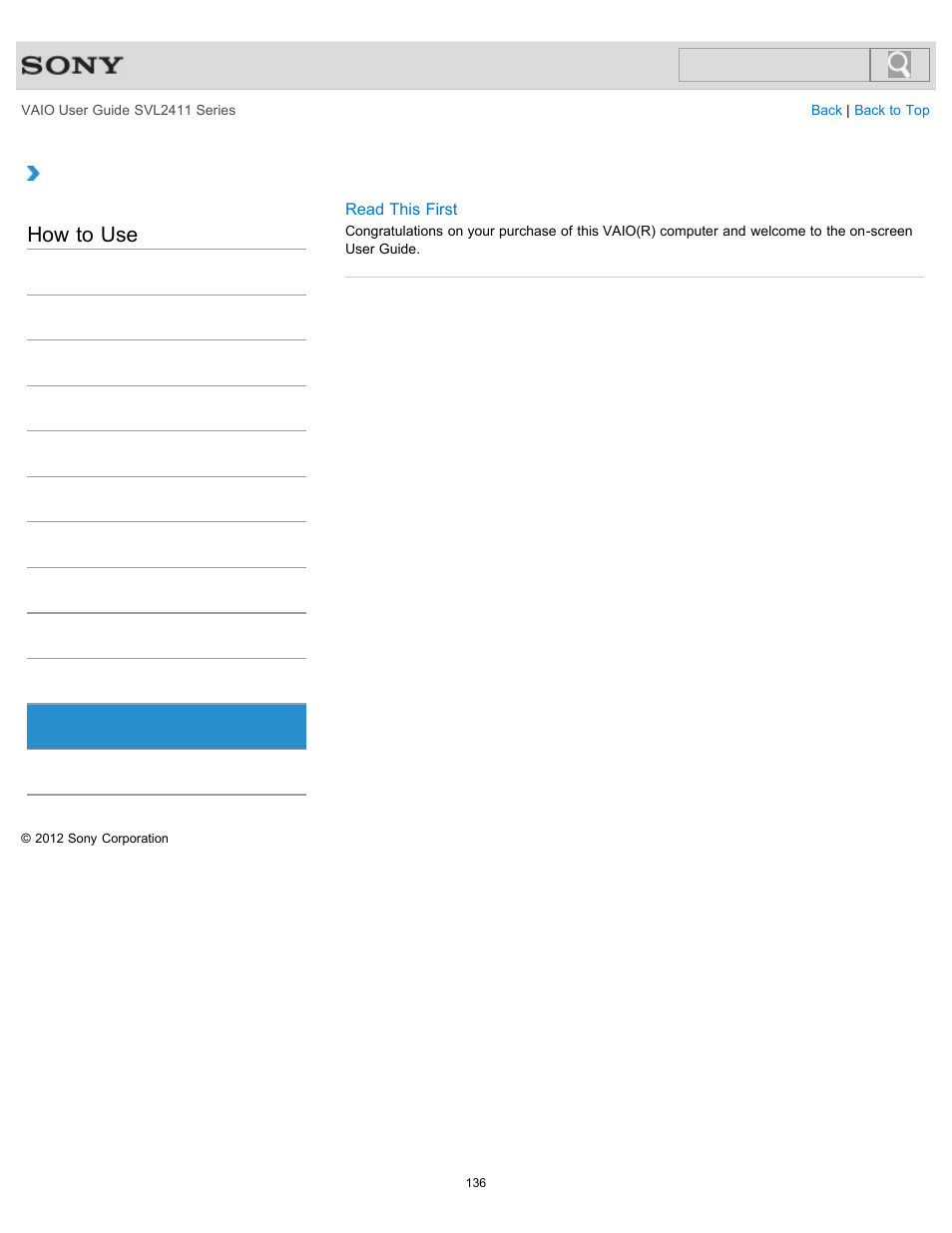 Read this first, How to use | Sony SVL241190X User Manual | Page 136 / 522