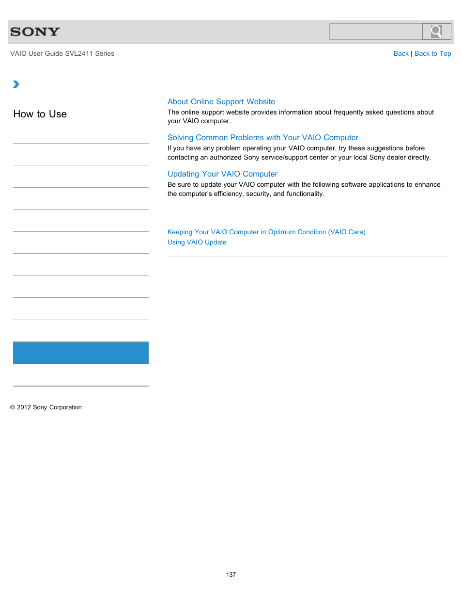 Service and support, How to use | Sony SVL241190X User Manual | Page 137 / 522