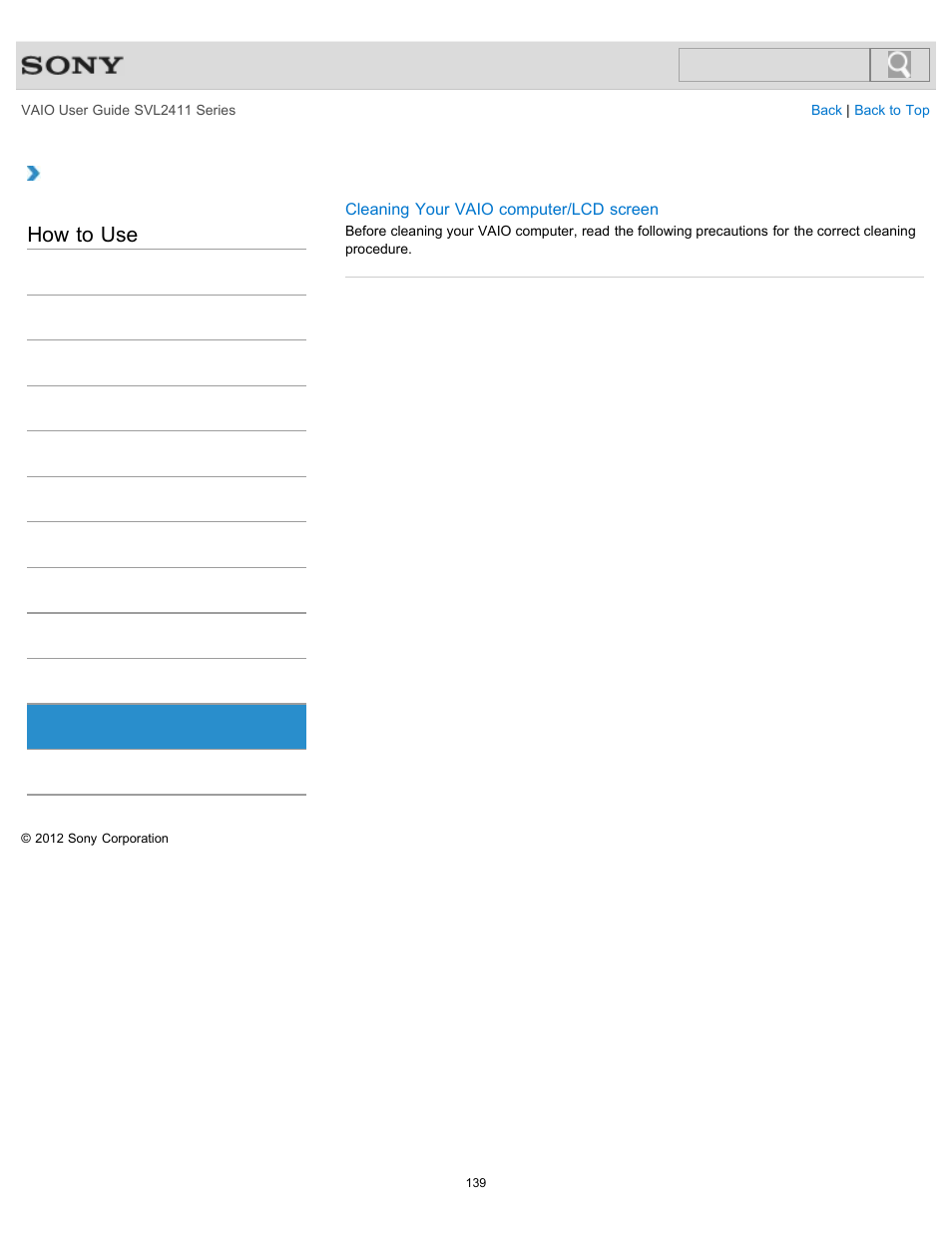 Care and maintenance, How to use | Sony SVL241190X User Manual | Page 139 / 522