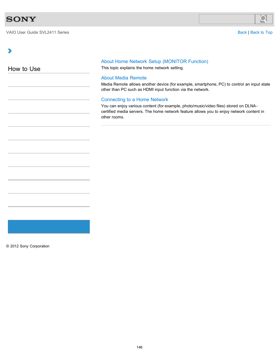 Home network, How to use | Sony SVL241190X User Manual | Page 146 / 522