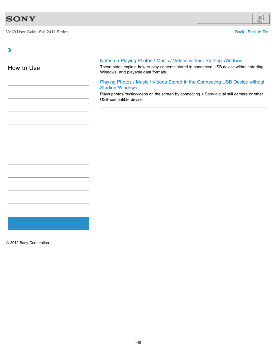 Photo, How to use | Sony SVL241190X User Manual | Page 148 / 522