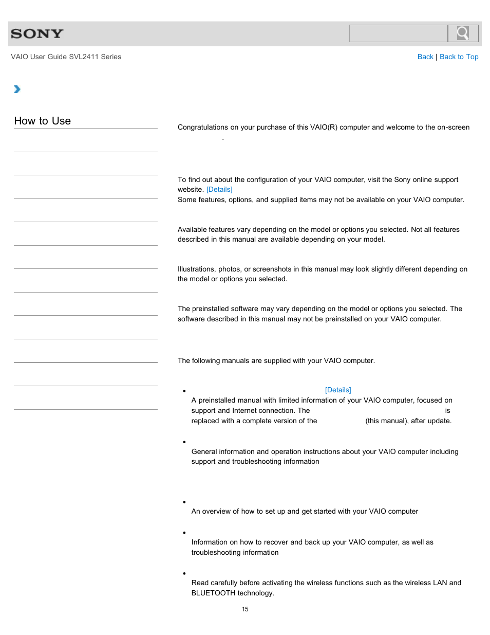 Read this first, How to use | Sony SVL241190X User Manual | Page 15 / 522