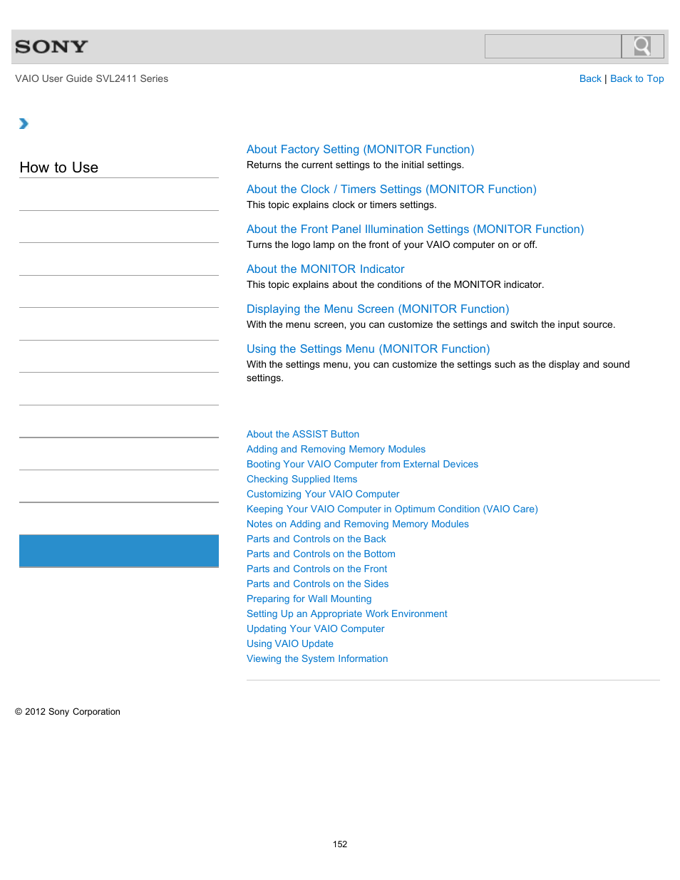 Vaio computer, How to use | Sony SVL241190X User Manual | Page 152 / 522